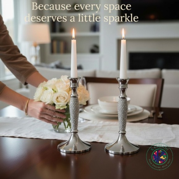 Tahari Home Set of 2 Silver Rhinestone Candle Holders Glam Decor - Picture 7 of 8